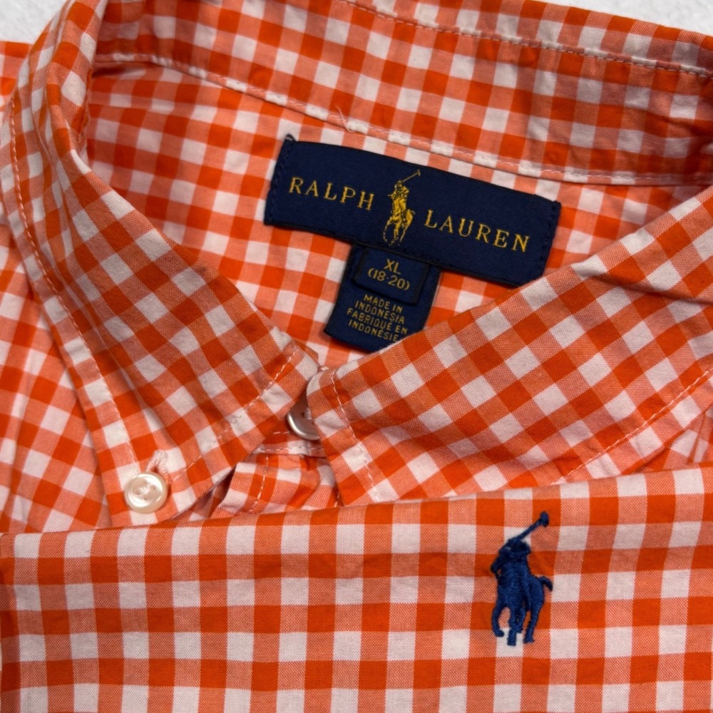 Polo Ralph Lauren Button Shirt BOYS 18-20 MENS S Orange White Gingham Check Pony